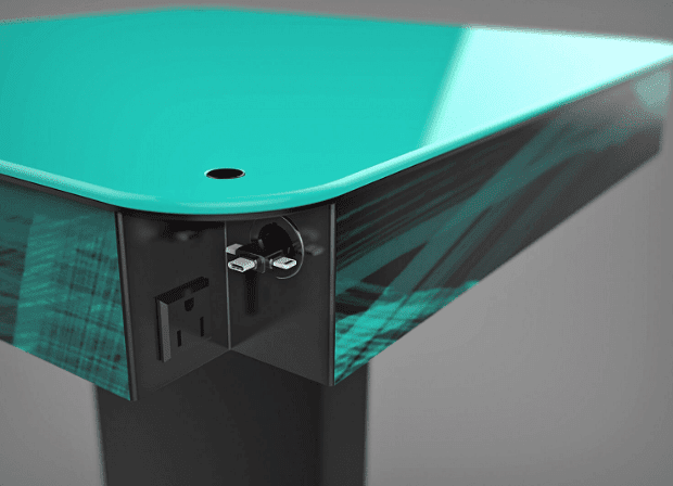 Turquoise blue charging table branded close up