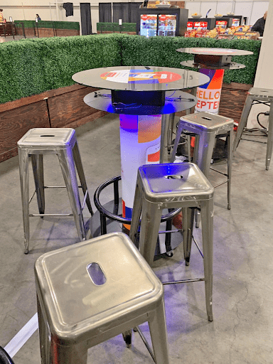 Cell phone charging table hi-top for rental at Las Vegas trade show
