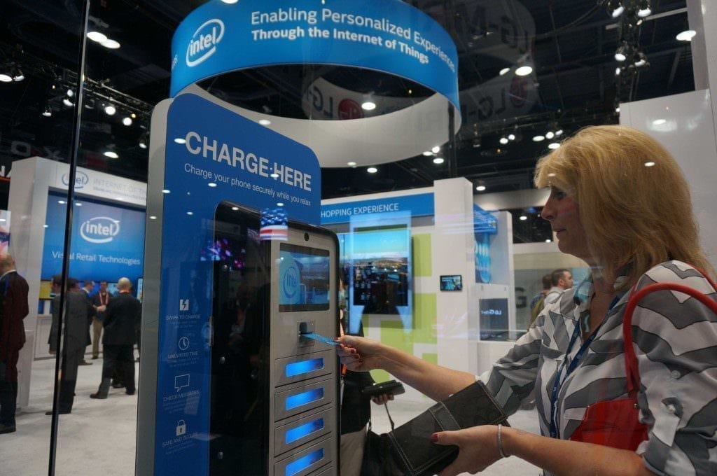Locker Charging Station at a trade show with blue branding