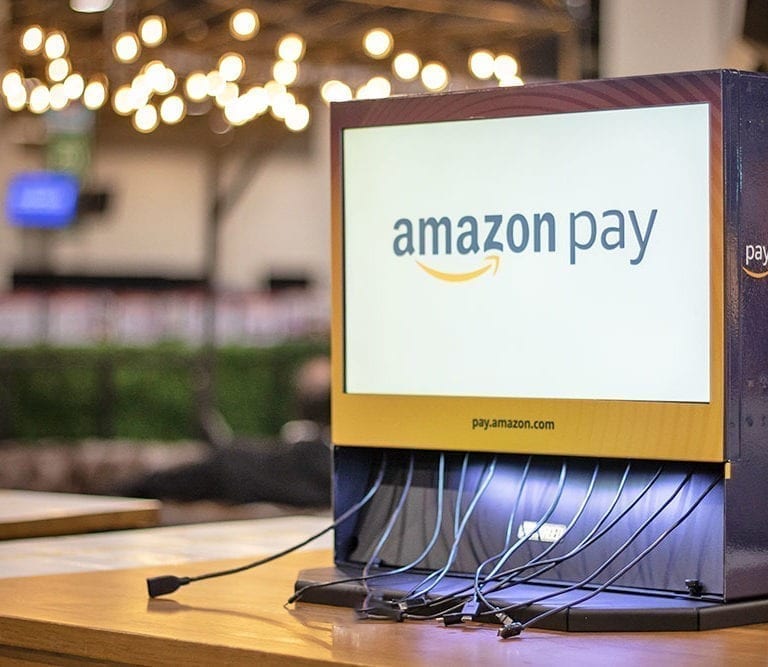 amazon pay trade show tabletop branded charging station video screen