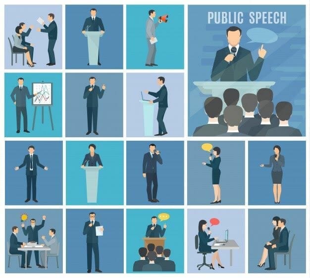 public speaking live audience workshops presentations set blue background flat icons set