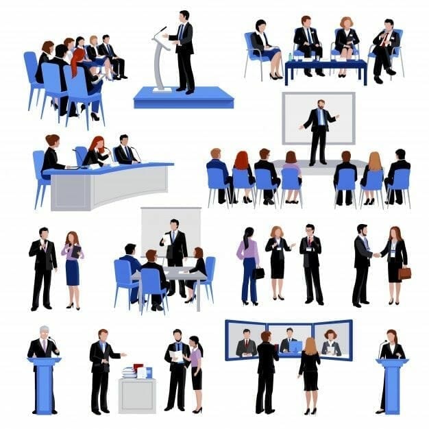 public speaking people flat icons collection with conference meetings